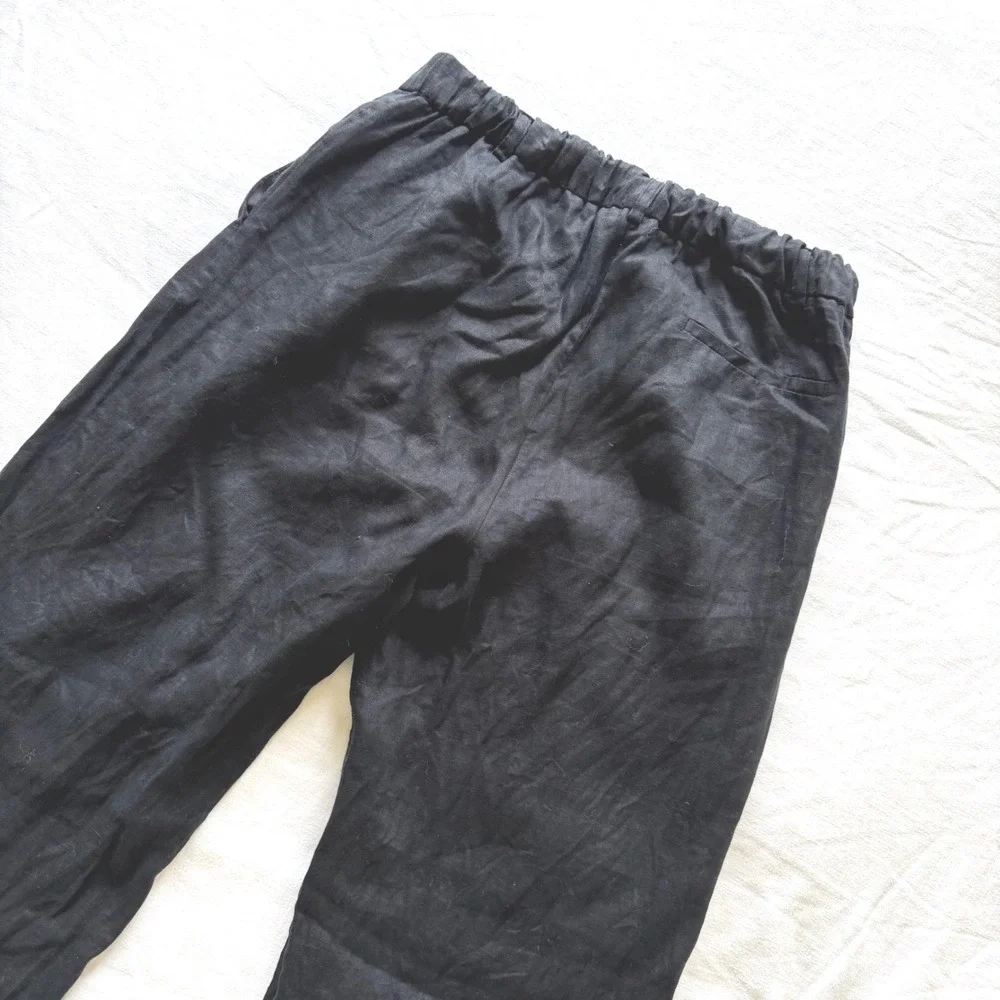 Quince 100% European Linen Pleated Trouser Black Wide Leg Pants Womens 10